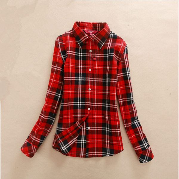 Blusa Feminino Outono Inverno Casual De Algodão Xadrez Estil