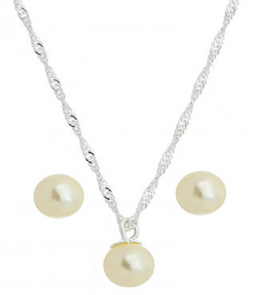 Conjunto folheado a prata c/ corrente, brincos e pingente de pérola 8 mm