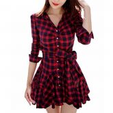 Vestido Manga Longa Xadrez Botões Laço Mulheres Fashion Zang