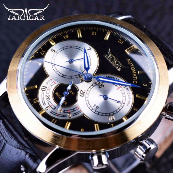 Relógio Masculino Mecânico Jaragar Dourado Pulseira De Couro