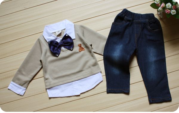 moda bebê roupa menino conjunto +tie denim vestuário infantil conjunto masculino bonito criança arco