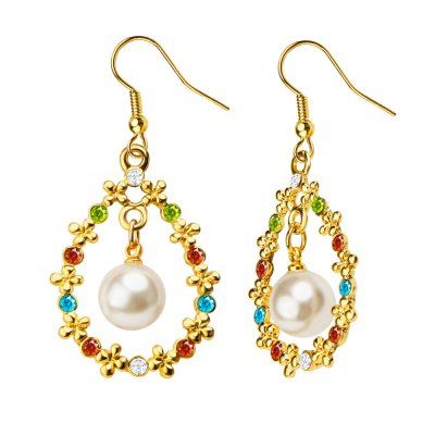 Crystal Flower Simulation Pearl 18K Gold Plated Drop Earrings - GOLDEN