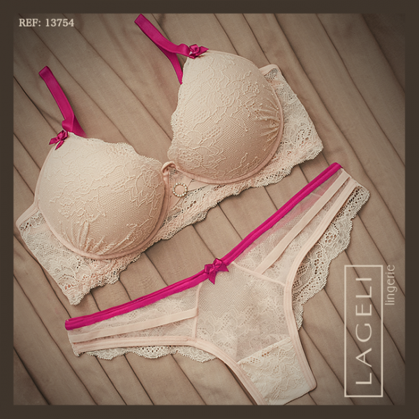 CONJUNTO LINGERIE NUDE COM DETALHES ROSA CHOC