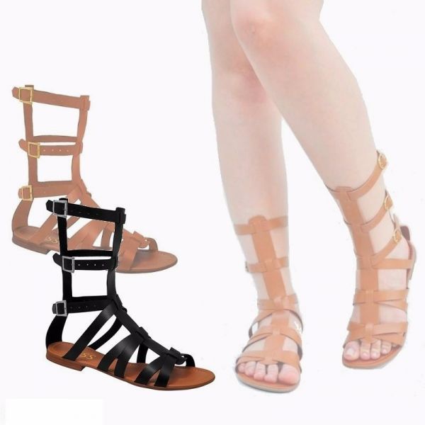 Sandálias De Couro Rasteiras Gladiadoras Media