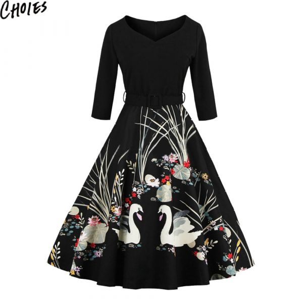 Vestido Outono Casual Vintage Cisne Preto Elegante