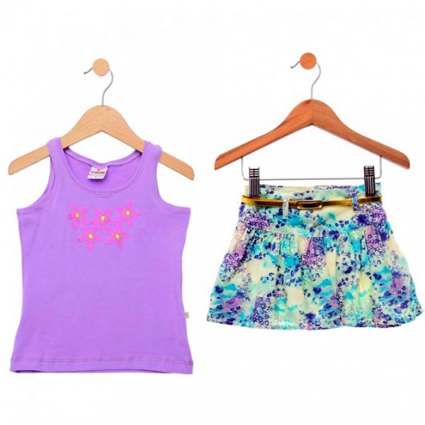 Brandili Regata Flores com bordado saia estampa floral com cinto