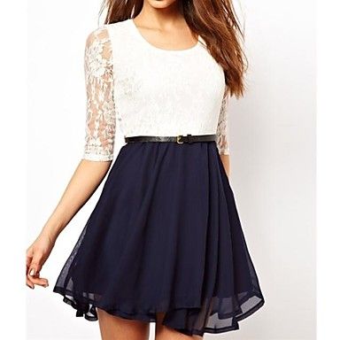Feminina Verão Europa Lace Chiffon Vestido Casual com Belt #01493151