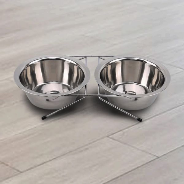 Comedouro Duplo Inox com Suporte - 11 cm