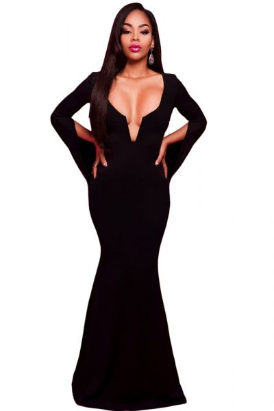 Vestido Longo com Decote para Festas Preto (DLC61137-2)