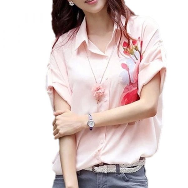 Blusa Feminino Casual Verão Chiffon Manga Curta Floral Zang