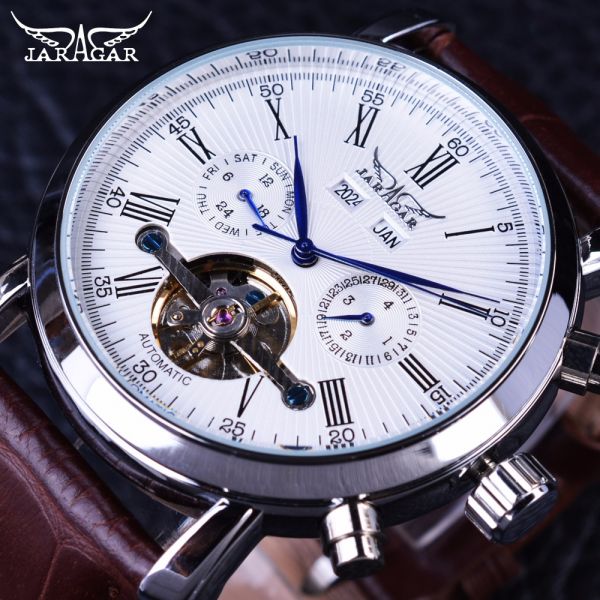 Relógio Masculino Mecânico Pulseira De Couro Prata De Luxo