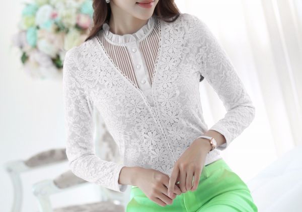 Blusa Feminina Elegante Casual De Renda Manga Longa Fashion
