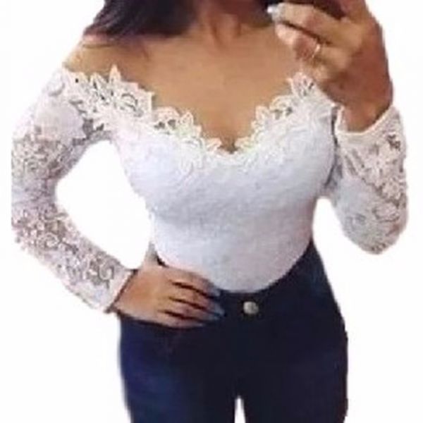 Body Blusa Feminina Manga Longa Comprida Renda Inverno