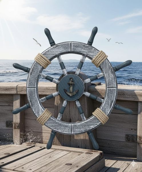 Enfeite Decorativo Timão de Madeira e Corda - 45 cm