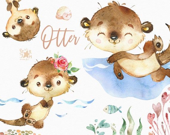 Kit elementos cliparts Aquarela lontras