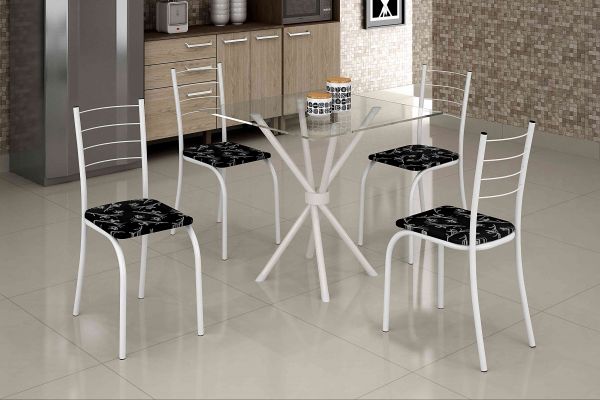 5744.27.1.7 Conjunto Mesa Rio 70x70 Branco Tmp Vidro Quadrado com 4 Cds Branco.Lirio Preto Teixeira