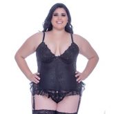 ESPARTILHO ZÍPER FRONTAL ELASTANO COM TULLE E STRASS PLUS SIZE BLANCHE NOIR