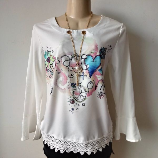 BLUSA BATA PAZ E AMOR COM COLAR