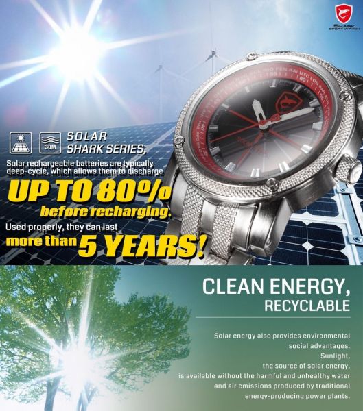 Energia Solar Powered Shark Masculino Quartzo Vermelho Sport Relógio De Aço Inoxidável
