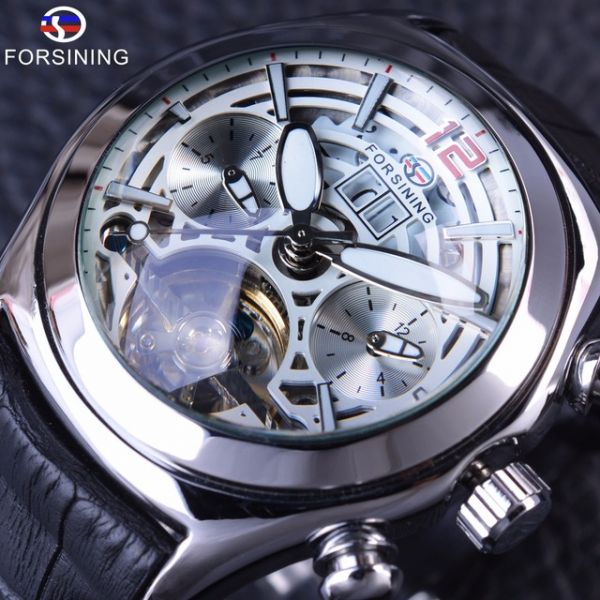 Relógio Masculino De Luxo Esqueleto Prata Pulseira De Couro