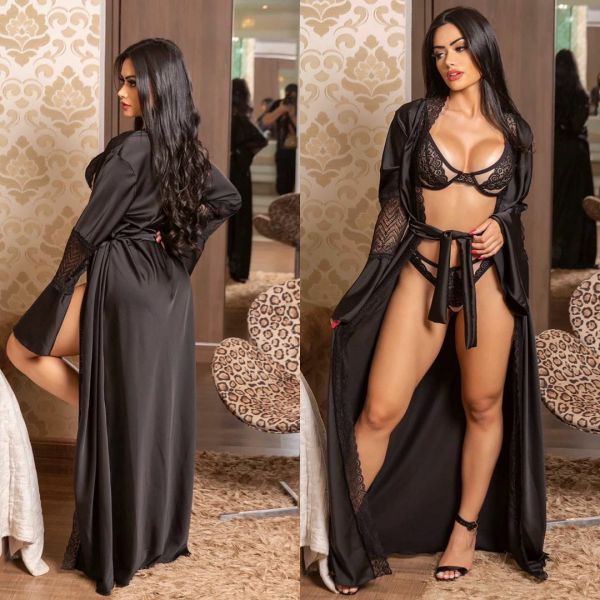 ROBE LONGO EM CETIM TOQUE DE SEDA E RENDA