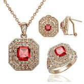 Glam Luxe Mysterious Red Crystal Jewelry 18K Gold Plated Ruby Zirconia Necklaces Earrings Ring Set #