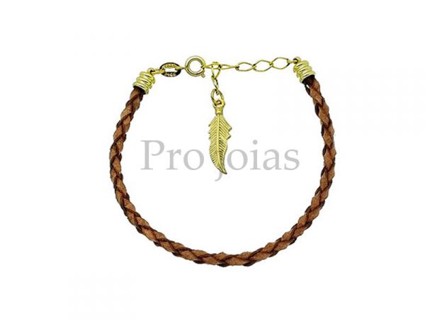 Pulseira de couro sintético c/ detalhes folheados a ouro e pena - 1.053