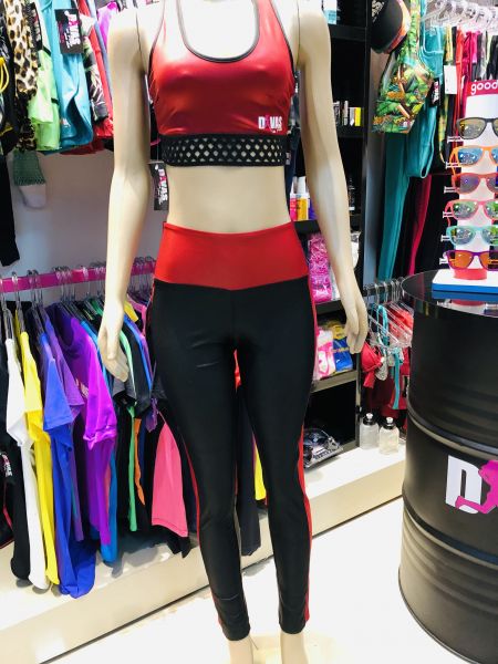 CALÇA FITNESS CIRRE ACETINADA VERMELHO com recortes preto