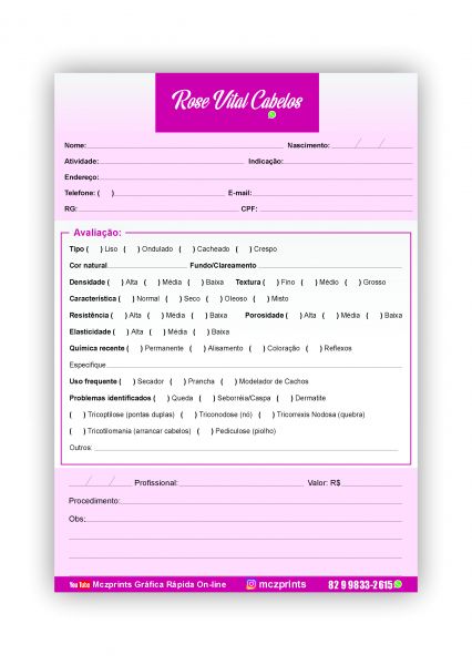 Ficha Anamnese Capilar Salão Beleza 14cm x 20cm