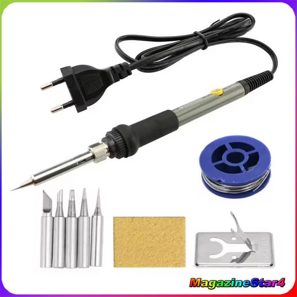 KIT Ferro de solda elétrico profissional 60w com temperatura ajustável + solda + 5 ponteiras
