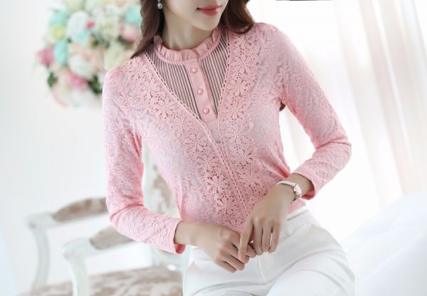 Blusa Feminina Elegante Casual De Renda Manga Longa Fashion