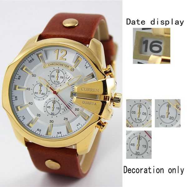 Relógio Dourado Quartz Pulseira De Couro 100% Original