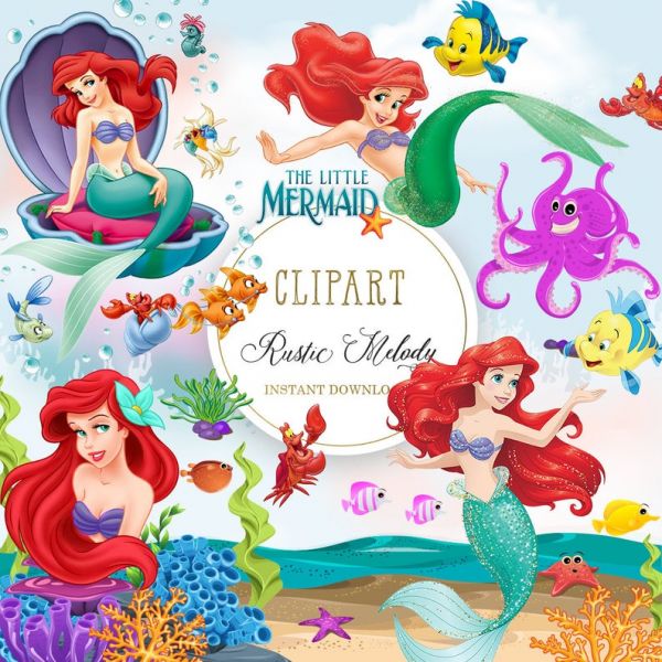 Kit elementos cliparts pequena sereia Ariel