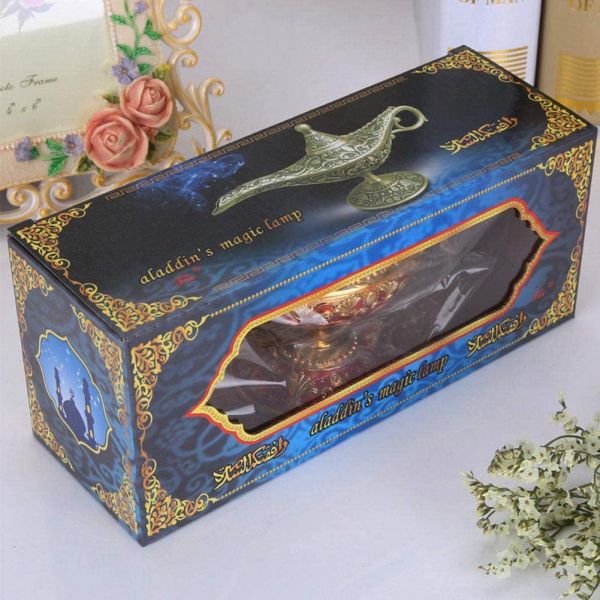 Lâmpada de Aladim - Metal Dourado e Azul - Gênio Aladdin + Chave Pingente - 21cm