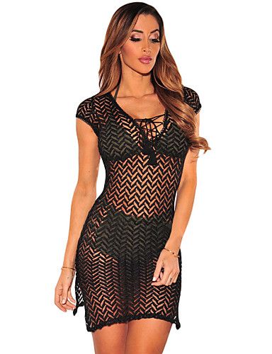 Férias Sensual Sólido Decote V Mini Manga Curta Branco / Preto Poliéster / Elastano Verão