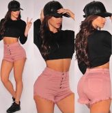 Shorts feminino com cintura alta e franja, slim Rosa