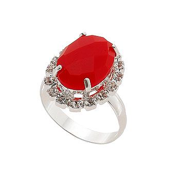 Anel folheado a prata c/ pedra cabochão acrílica rodeada de strass