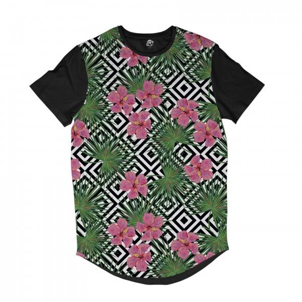 CAMISETA LONGLINE BSC PADRÕES E LISTRAS FLORES E FOLHAS SUBLIMADA BRANCO / PRETO
