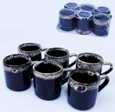 Jogo Xícara 6 Pçs Porcelana 50 Ml Borda Decorada- Marrom