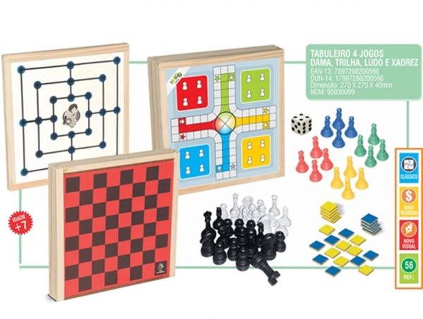 JOGO 4 EM 1 - XADREZ DAMA TRILHA E LUDO