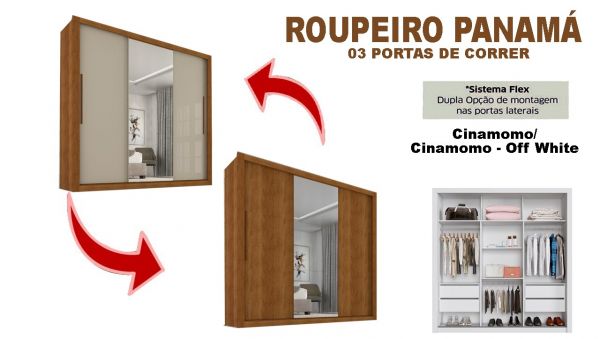 12604.Roupeiro Panama 3P4G com 1 Espelho Cinamomo.Cinamomo Off White Salleto