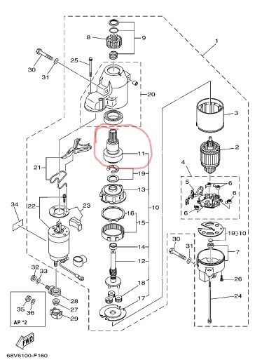 Bendix do motor de arranque (partida) F60 ate F250 HP 4T Cód: 67F8183200
