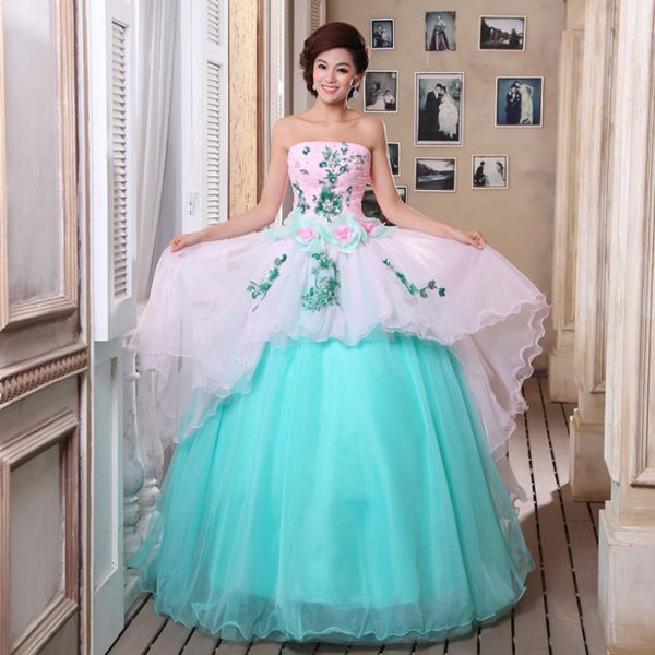 Elegante Sem alças Flor Decorado Vestido