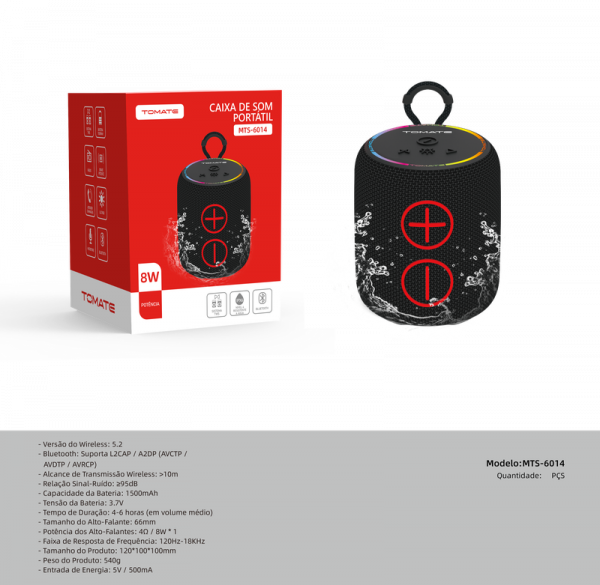 Caixa de Som TWS 8W Resistente a água IPX6 Luz RGB Tomate MTS-6014
