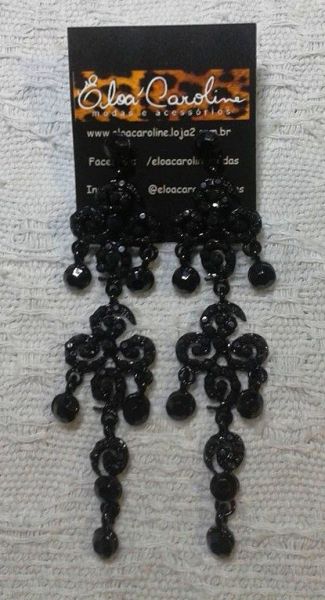 Brinco comprido preto com strass preto- Ref 13