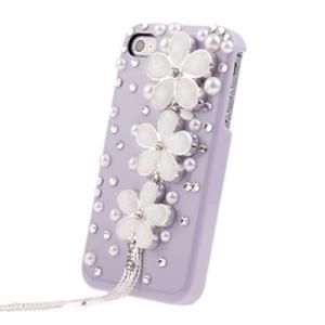 CASE FLORES CRAVEJADA COM PEROLAS ROXO CLARINHO PARA IPHONE 4 E 4S