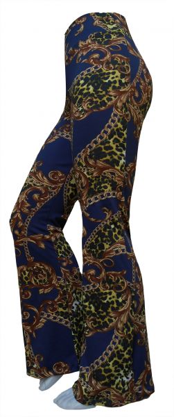 Calça feminina flare ou reto GG(46),cintura alta, tecido suplex 320 estampa azul com corrente