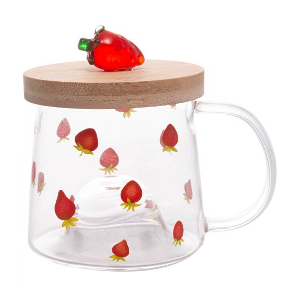 Caneca de vidro c/ pires de bambu morango