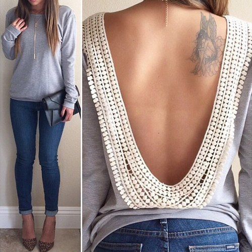 Sensual Ajuste Fino Sem Costas Gola Redonda Manga Comprida Camiseta para Mulheres