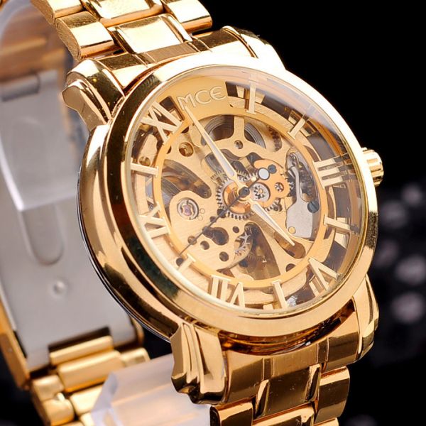 Relógio Masculino De Luxo Mecânico Dourado Esqueleto Top